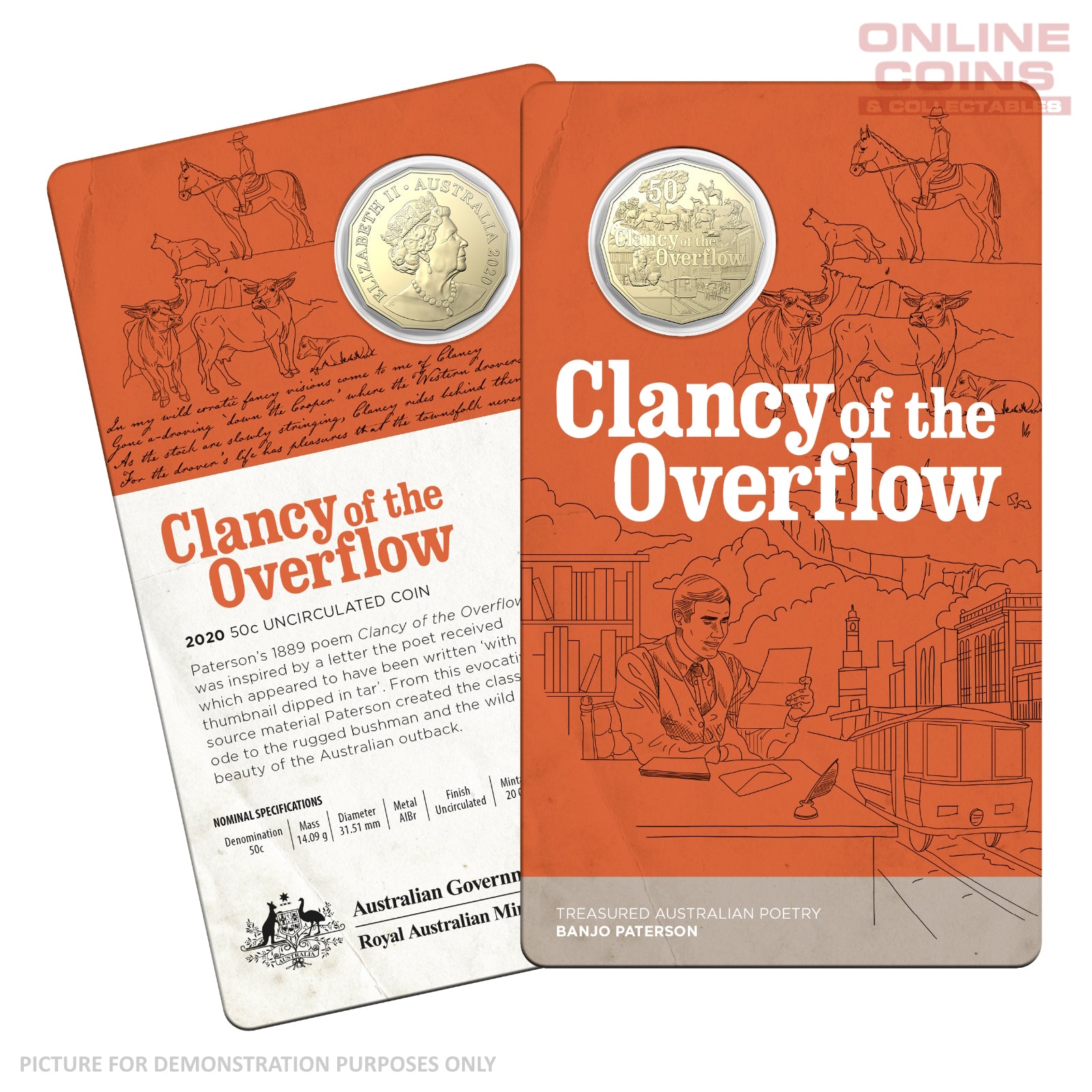 2020 50c AlBr Uncirculated Carded Coin - Banjo Paterson - Clancy of the Overflow